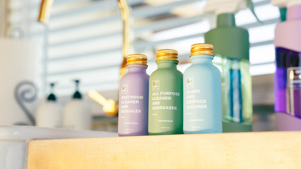 ESNTL LVG refillable glass bottles and eco friendly cleaning solutions