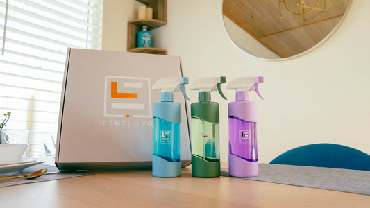 ESNTL LVG green solutions and reusable glass bottles filled with eco friendly concentrate